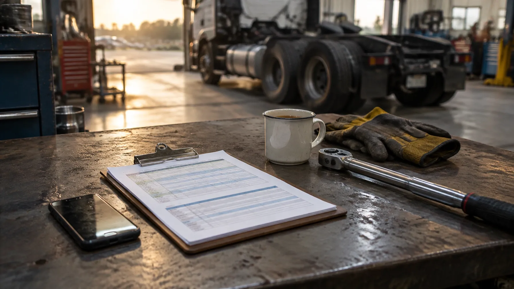 Truck workshop bench with a clipboard, gloves, coffee and hand tools