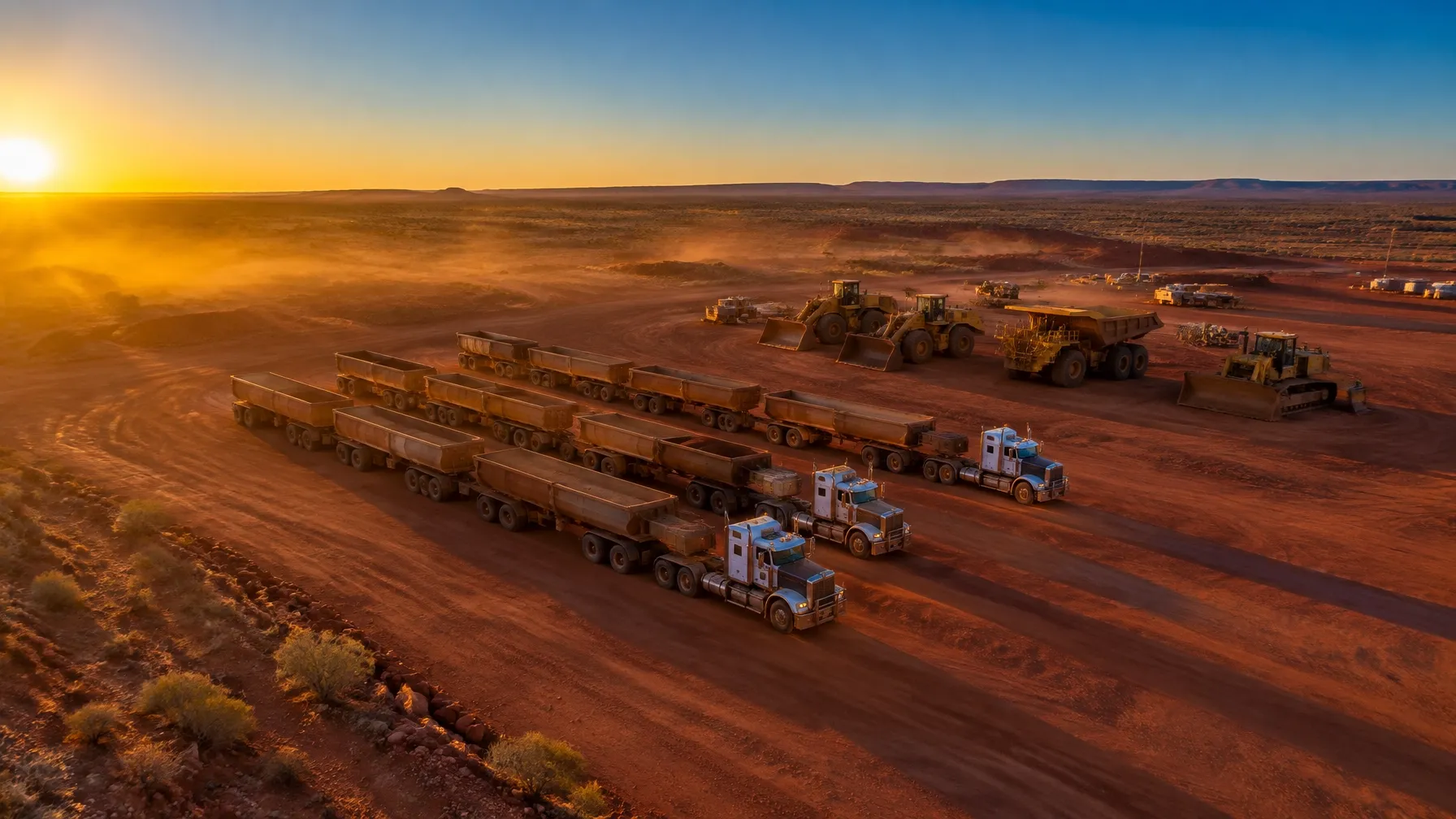 Road trains and heavy plant crossing Pilbara dirt at sunset